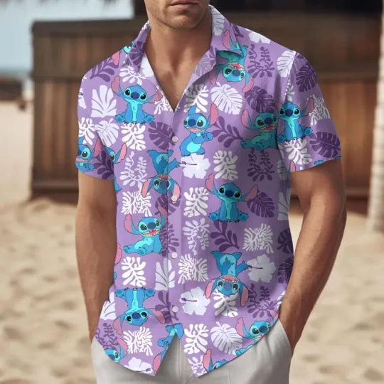 Discover Disney Lilo And Stitch Tropical Palm Leaves Aloha Beach Purple Hawaiian Shirt