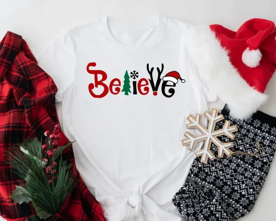Discover Believe Christmas T-Shirt Santa Xmas Tee for Men Women Kids
