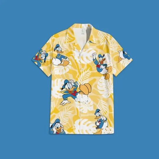 Discover Disney Donald Duck Tropical Leaf Summer Vacation Yellow Hawaiian Shirt