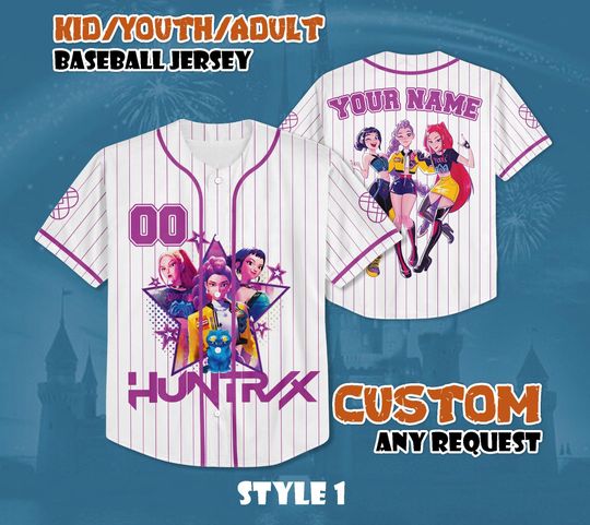Discover Custom Huntrix Baseball Jersey, Personalized Kpop Demon Hunter Jersey Shirt, Huntrix Birthday Shirt, Gift for Fans & Kids, Birthday Gifts