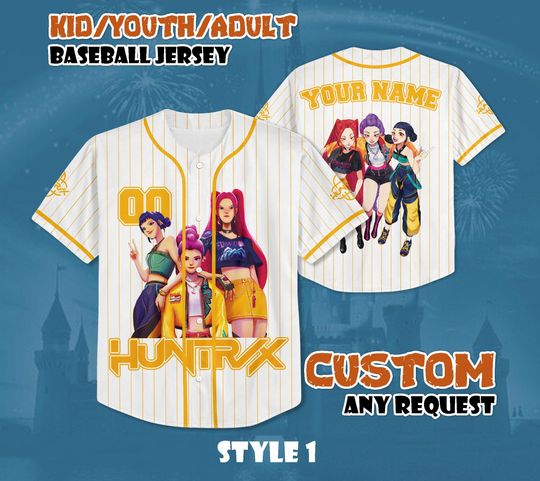 Discover Custom Huntrix Baseball Jersey, Personalized Kpop Demon Hunter Jersey Shirt, Huntrix Birthday Shirt, Gift for Fans & Kids, Birthday Gifts