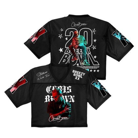 Discover Chris Brown Tour Crop Top Football Jersey, Neon Style Mix Mesh Breezy Bowl 2025 Shirt, Custom R&B Concert Outfit, Unisex Fan Gift