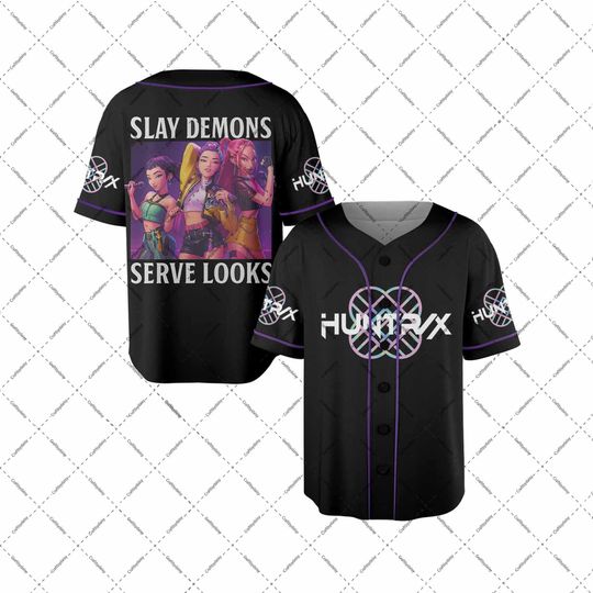 Discover Kpop Demon Hunters Huntrix Baseball Jersey, Kpop Rumi Mira Zoey Shirt, Unisex Button Down Jersey, Kpop Fan Gift, Demon Hunter Cosplay Outfit