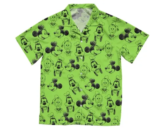 Discover Disney Mickey And Friends Sketch Art Green Hawaiian Shirt