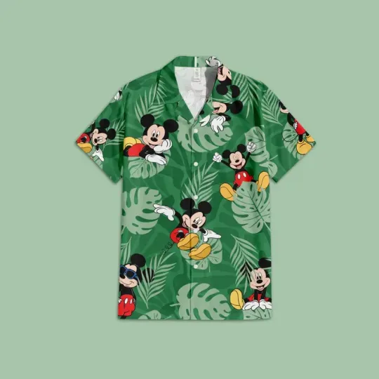 Discover Disney Mickey Mouse Tropical Leaf Summer Vacation Green Hawaiian Shirt