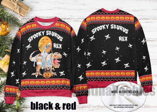 Discover Spooky Dinosaur Ugly Xmas Sweater, T-Rex Mummy Skeleton Pumpkin Halloween Christmas Pullover