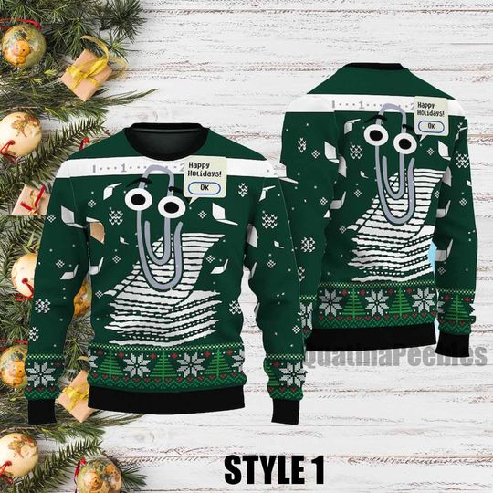 Clippy Holiday Sweater All Over Print Green Christmas Artificial Wool