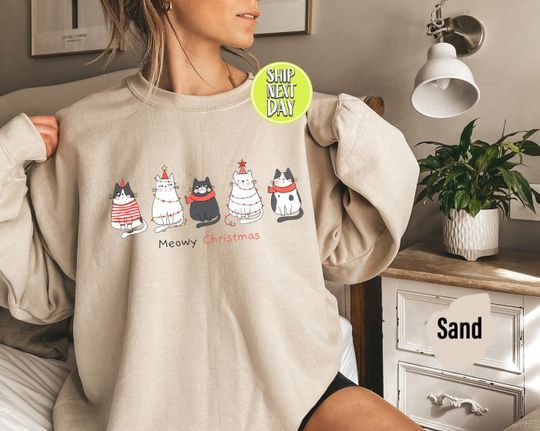Discover Meowy Christmas Cat Sweatshirt Hoodie, Christmas Gifts for Cat Lovers