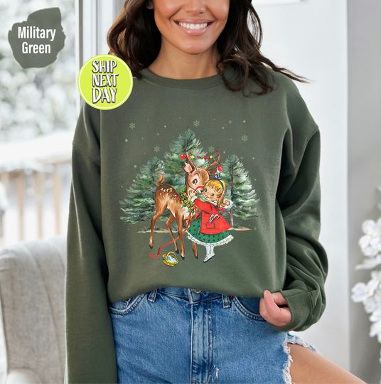 Discover Vintage Reindeer Christmas Sweatshirt and Hoodie with 1950s Girl & Rudolph Graphic