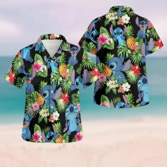 Discover Disney Lilo And Stitch Pineapple Tropical Summer Black Hawaiian Shirt