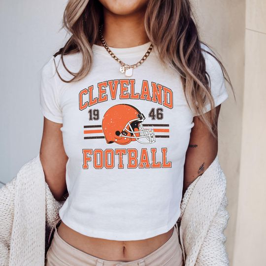 Discover Cleveland Football Baby Tee Womens Baby Tee Football Wife Girlfriend Shirt Y2K Baby Tee Football Game Day Game Outfit Tailgating Shirt