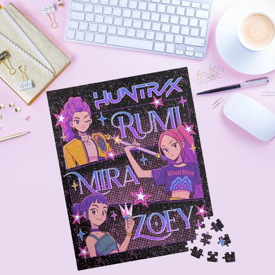 Huntrix Kpop Demon Hunters Puzzle Vibrant Fan Art Jigsaw with Girl Group & Neon Cat 110, 252, or 520 Piece Gift for Kpop Fans