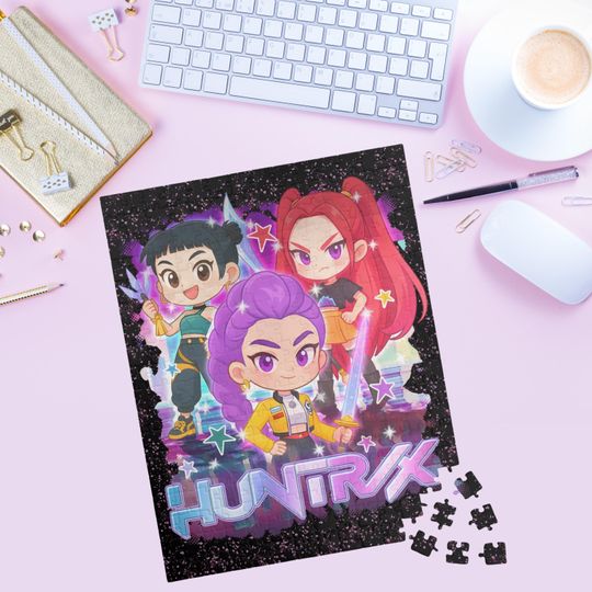 Huntrix Kpop Demon Hunters Puzzle Vibrant Fan Art Jigsaw with Girl Group & Neon Cat 110, 252, or 520 Piece Gift for Kpop Fans