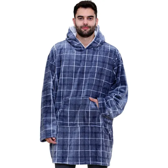 Discover Unisex Oversized Hoodie Blanket Blue Tartan Super Soft Warm Hoodie
