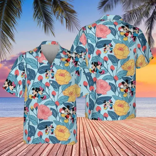 Discover Disney Mickey & Minnie Tropical Flower Retro Blue Unisex Hawaiian Shirt