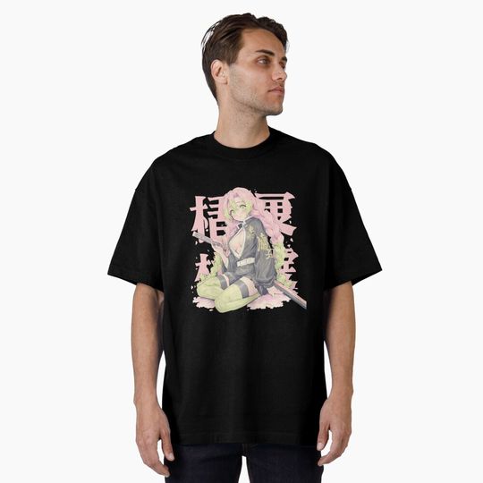 Mitsuri Style Anime Art - Pink Green Hair Katana Girl Design Oversized T-Shirt