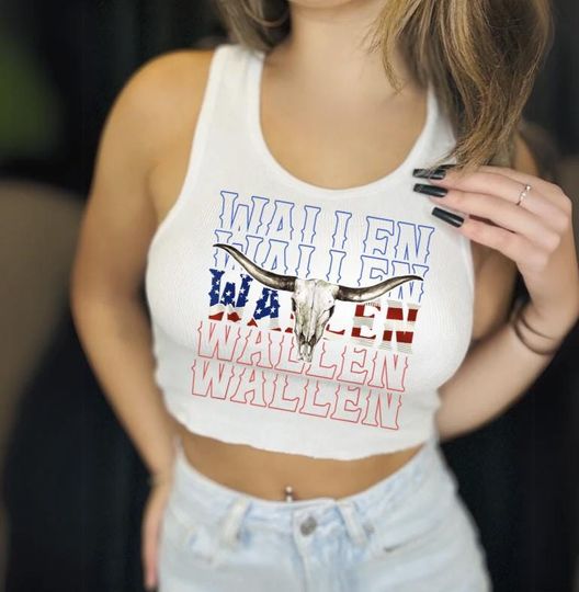 Wallen Tank Top | Red White and Blue Country Girl Crop | Western Font Patriotic Shirt | Wallen Western Inspired Tank | 4th of July Rodeo Top
