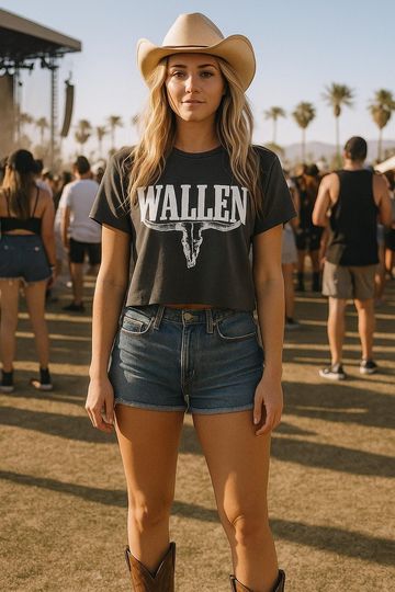 Discover Wallen Western Crop Top: Raw Hem Scoop Neck Concert Tee