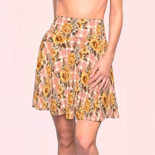 Discover Autumn Mauve Plaid Sunflowers Soft Jersey Skater Skirt | country floral grandma cottage core wear fashion cute girly aesthetics