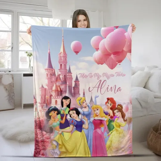 Disney Princesses Hot Air Balloon Magic Kingdom Pink Customize Fleece Blanket