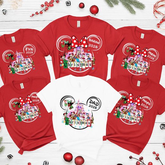 Discover Custom Disney Family Christmas 2025 Shirt, Matching Holiday Trip Tee, Personalized Disney Christmas Custom Name Shirt, Disney Group Shirt