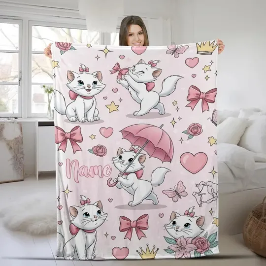 Discover Disney Marie Cat Magic Kingdom Pink Pattern Customize Fleece Blanket