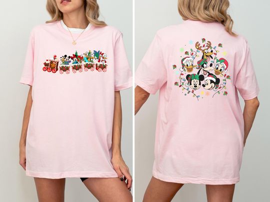 Discover 2-Sided Disney Gingerbread Train Mickey And Friends Group Christmas Lights Shirt, Mickey's Very Merry Christmas Party 2025 Shirt,Merry Xmas