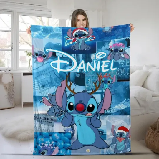 Disney Stitch Christmas Blue Graphics Customize Fleece Blanket