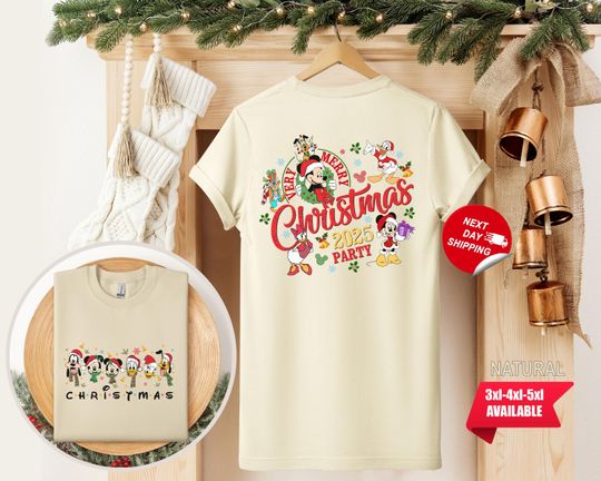 Discover 2-Sided Very Merry Christmas Party 2025 Shirt, Disney Mickey And Friends Christmas Lights T-shirt, Family Disneyland Xmas Christmas Gift
