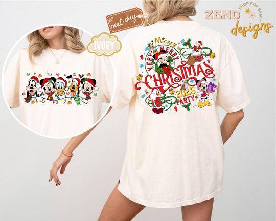 Discover Comfort Colors 2-Sided Mickey's Very Merry Christmas Party 2025 Shirt,Disney Santa Mickey and Friends Group Christmas Lights Tee,Disneyland