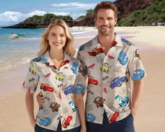 Discover Disney Retro Lightning MccQuen Tow Mater Beige Hawaiian Shirt