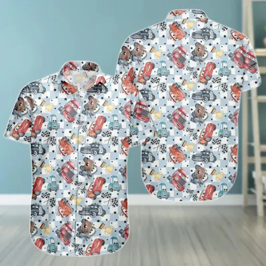 Discover Disney Pixar Lightning MccQuen Summer Checkered Blue Hawaiian Shirt