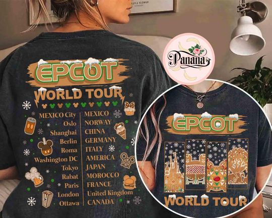 Discover 2-sided Disney Epcot World Tour Gingerbread Christmas Shirt, Epcot World Tour Xmas Tee, Mickey's Very Merry Xmas Party, Hollywood Studio Tee
