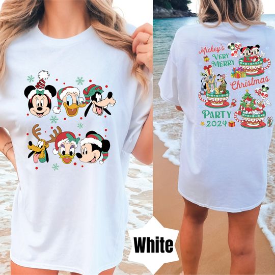 Discover Comfort Colors 2-Sided Mickey's Very Merry Christmas Party 2024 Shirt, Disney Santa Mickey And Friends Group Christmas Lights Shirt