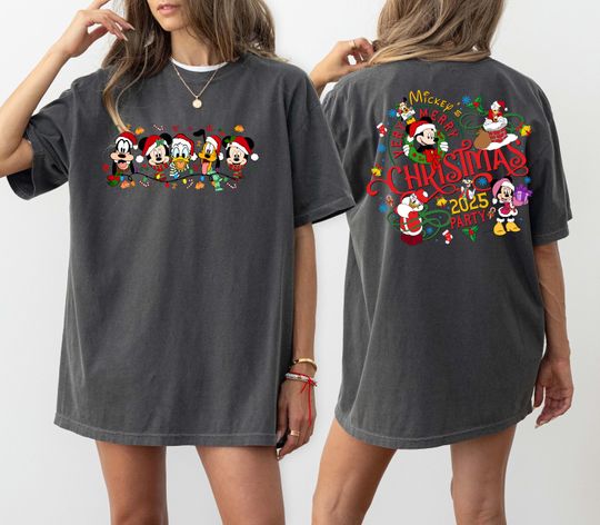 Discover 2-Sided Mickey's Very Merry Christmas Party 2025 Comfort Colors Shirt, Disney Santa Mickey And Friends Group Christmas Lights Shirt