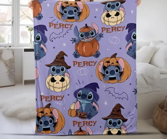 Disney Stitch Halloween Pumpkin Witch Bat Pattern Customize Fleece Blanket