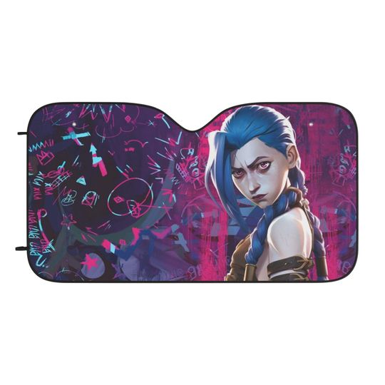 Discover Jinx Car Sun Shade, Arcane League of Legends Windshield Visor, Auto Sunshade for Front Window, Car Accessories, Vehicle Decor