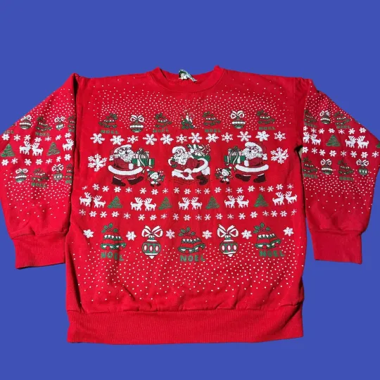Discover Vintage Sky Lite Red White Santa Snow Ugly Christmas Sweater Crew Neck USA Med