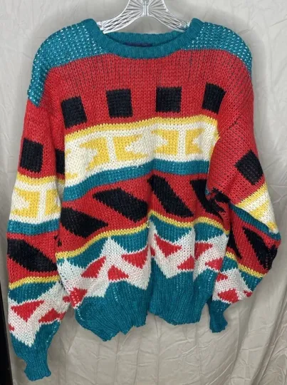 Vintage RED Christmas Santa Sleigh long Ugly Original novelty chunky Sweater