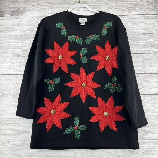 Discover Ugly Sweater All Points Poinsettia Embroidered Sz L Black Red Christmas Holiday
