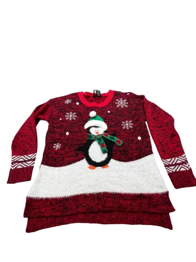 New Directions Womens Large Red Ugly Christmas Sweater Penguin Snowflake Winter