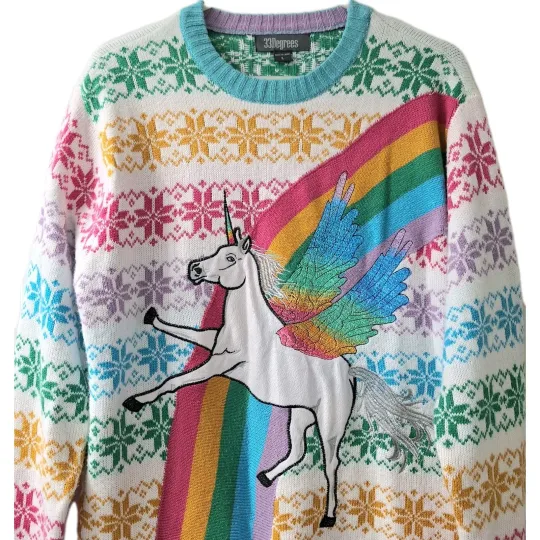 Discover Christmas Sweater Womens Large 33 Degrees Rainbow Unicorn Fairisle Pastels Ugly