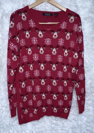 Discover Crystal Kobe Womens XL Red Christmas Sweater Reindeer Cable Knit Sparkle Holiday