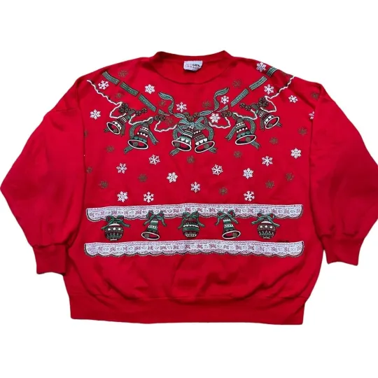Vintage Nutcracker Womens Ugly Christmas Sweater Size L/XL Red Sweatshirt Bells