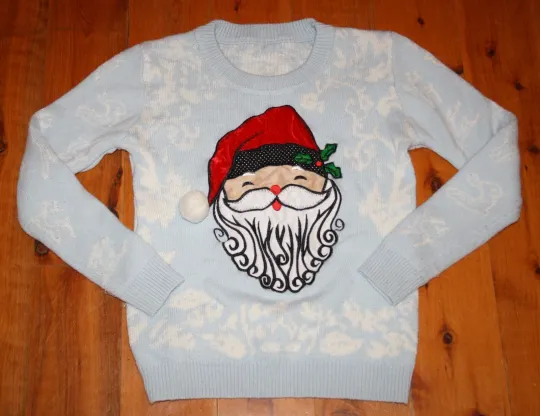 UGLY CHRISTMAS SWEATER Light Blue Embroidered SMILING SANTA Large NICE