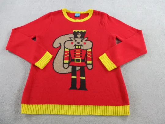 Discover Ugly Christmas Sweater Womens Large Red Yellow Chipmunk Nutcracker Cute Funny