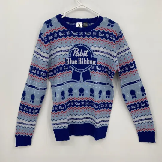 Celebrate Together Men's Ugly Pabst Blue Ribbon Christmas Sweater Blue Size M