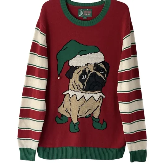 Discover Ugly Christmas Sweater Womens XL PUG Santa Dog Jingle Bell Stretch Soft Knit Top