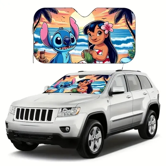 Discover Stitch & Lilo Beach Scene Car Sunshade, Gift for Disney Fans