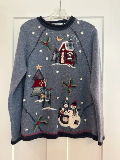 OHI Ugly Christmas Tree Snowman Blue Sweater Party Women's Size Small